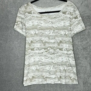 Bay Studio Womens Top Medium Brown Striped Short Sleeve Round Neck Knit